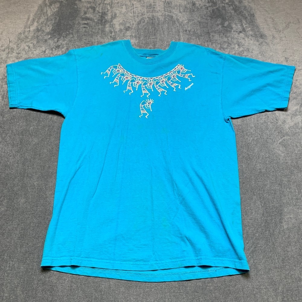 Fruit of the Loom T Shirt Mens Large Blue Kokopelli Graphic Crew Neck Summer